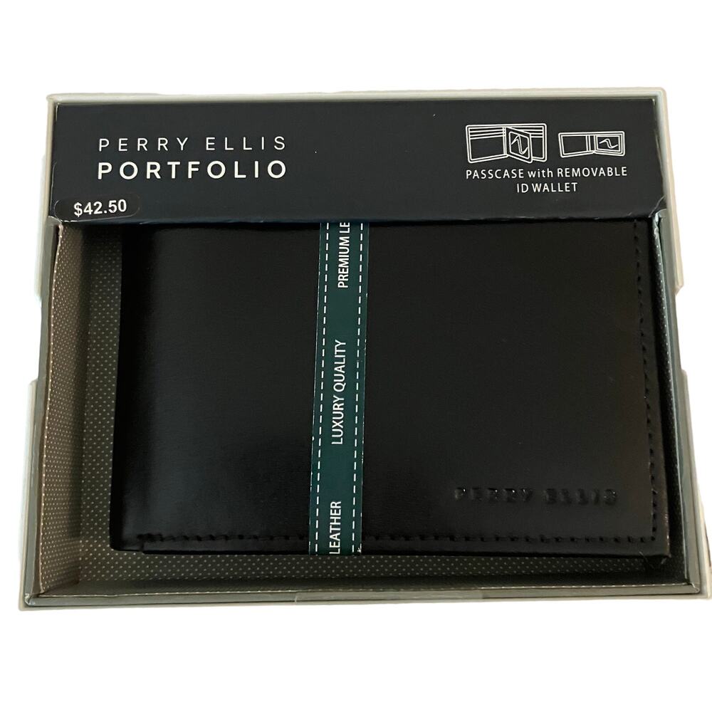 Perry Ellis Black Luxury Leather Portfolio Passcase Wallet with Removable ID